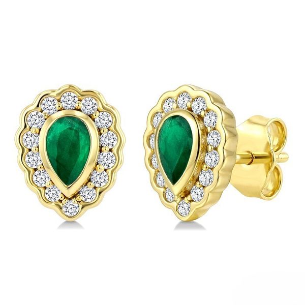 Emerald and Diamond Bezel Halo Stud Earrings Baxter's Fine Jewelry Warwick, RI