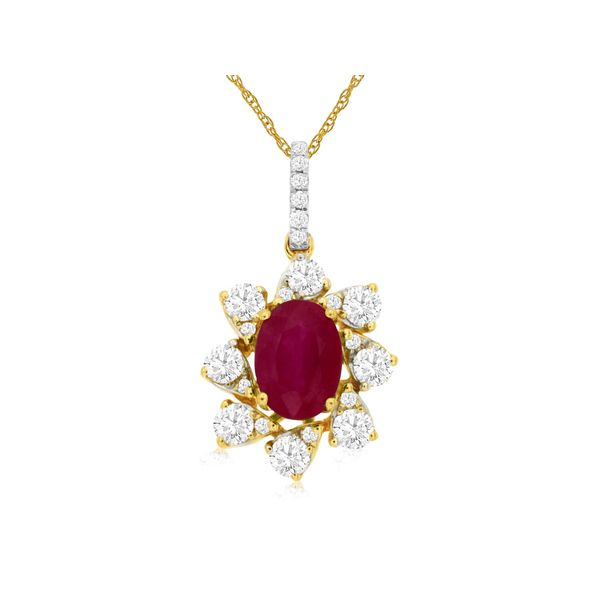 Yellow Gold Ruby and Diamond Halo Pendant Baxter's Fine Jewelry Warwick, RI