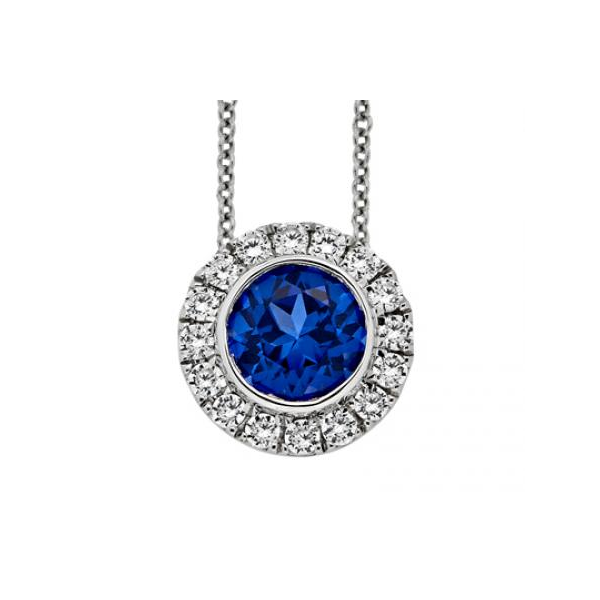 White Gold Diamond and Blue Sapphire Bezel Halo Pendant Baxter's Fine Jewelry Warwick, RI