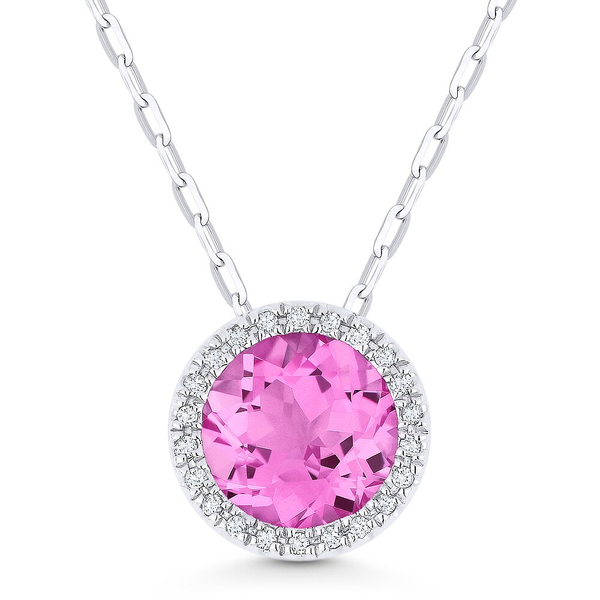 Created Pink Sapphire Halo Pendant Baxter's Fine Jewelry Warwick, RI