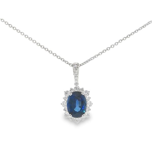 Blue Sapphire and Diamond Halo Pendant Baxter's Fine Jewelry Warwick, RI