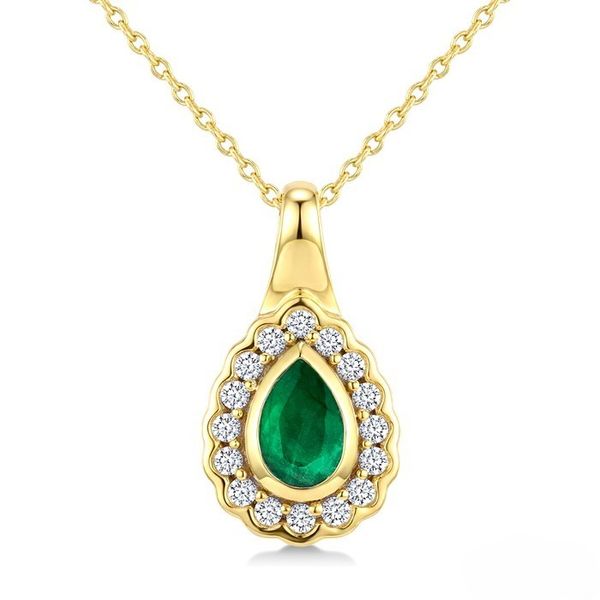 Emeald and Diamond Bezel Halo Pendant Baxter's Fine Jewelry Warwick, RI