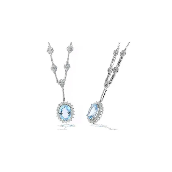 14K White Gold Diamond and Aquamarine Halo Pendant Baxter's Fine Jewelry Warwick, RI