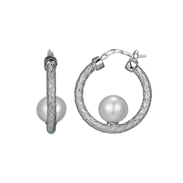 Sterling SIlver Rhodium Plated Freshwater Cultured Pearl Hoops Baxter's Fine Jewelry Warwick, RI