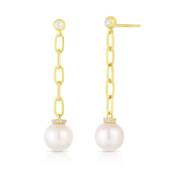 Pearl and Diamond Paper Clip Link Drop Earrings Baxter's Fine Jewelry Warwick, RI