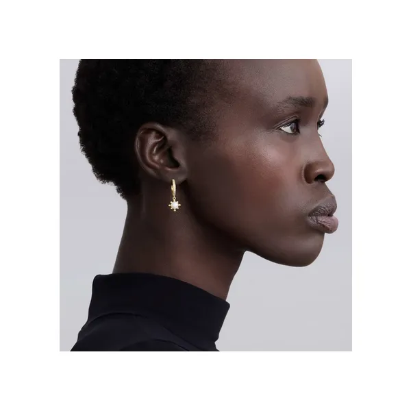 18K Gold Fleur Pearl Diamond Drop Huggie Earrings Image 2 Baxter's Fine Jewelry Warwick, RI