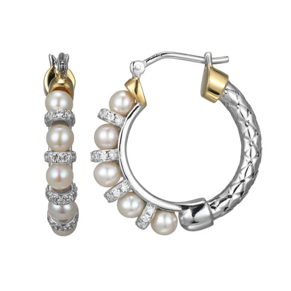 Sterling Silver Two Tone CZ Pearl Hoops Baxter's Fine Jewelry Warwick, RI