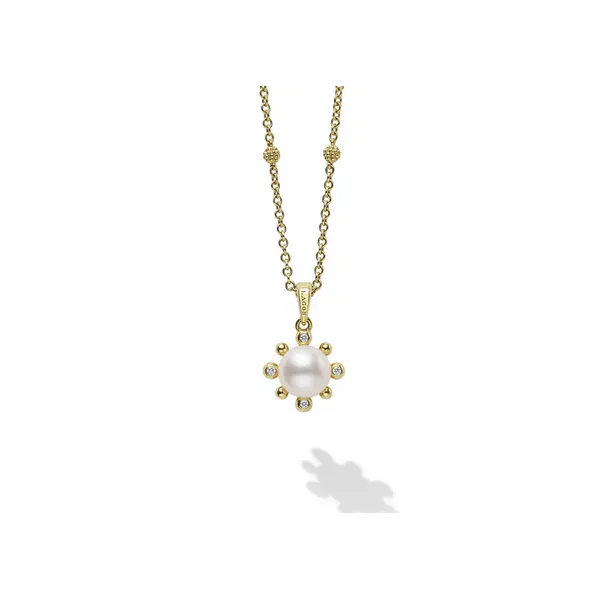 18K Gold Fleur Pearl Diamond Pendant Necklace Baxter's Fine Jewelry Warwick, RI