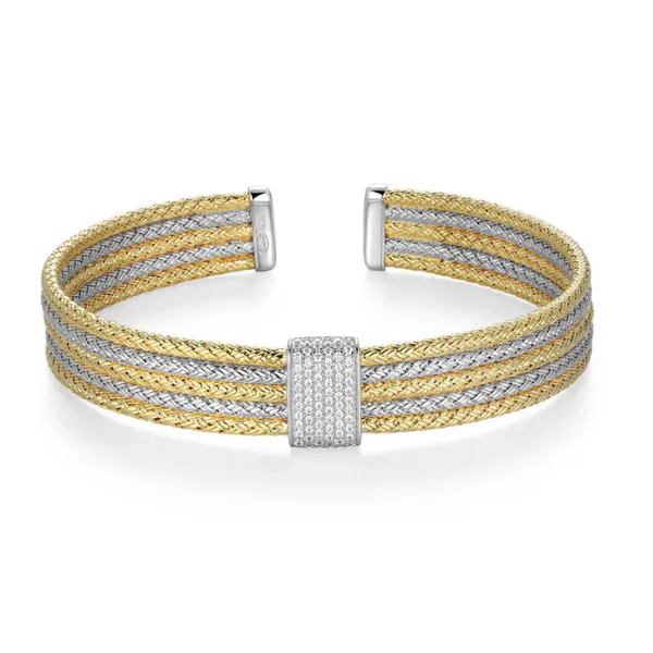 Sterling Silver and Yellow Gold Plated Woven CZ Cuff Bracelet Baxter's Fine Jewelry Warwick, RI