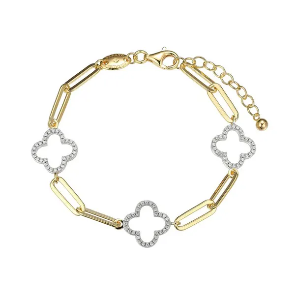 Sterling Silver Yellow Gold Plated CZ Clover Paperclip Link Bracelet Baxter's Fine Jewelry Warwick, RI