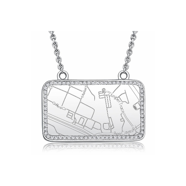 Sterling Silver Rectangle Map Necklace with Diamond Border Baxter's Fine Jewelry Warwick, RI