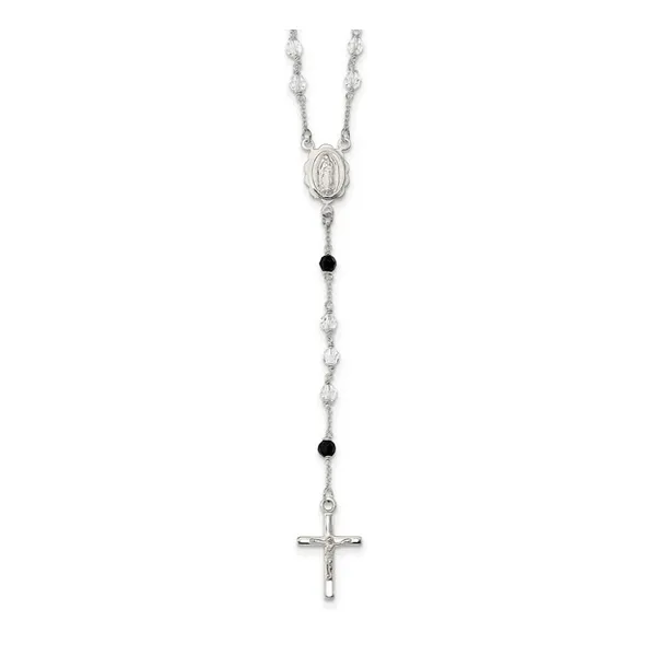 Sterling Silver Polished and Black Crystal Bead Rosary 23.5 inch Necklace Baxter's Fine Jewelry Warwick, RI