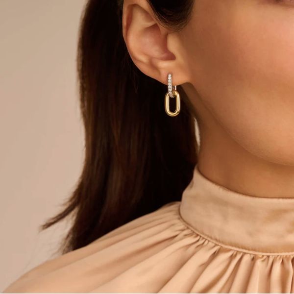 Two Tone Silver Link CZ Earrings Image 2 Baxter's Fine Jewelry Warwick, RI