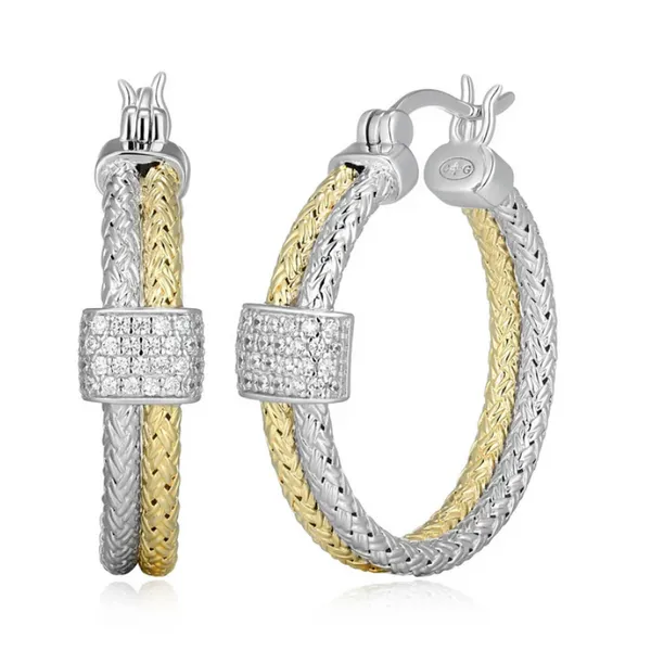 Sterling Silver and Yellow Gold Plated Woven CZ Hoop Earrings Baxter's Fine Jewelry Warwick, RI