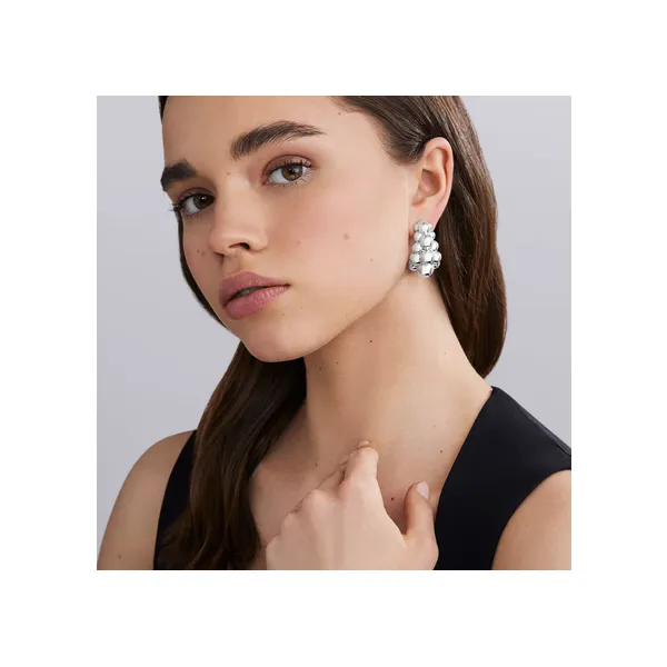 Silver Three Row Beaded Hoop Earrings