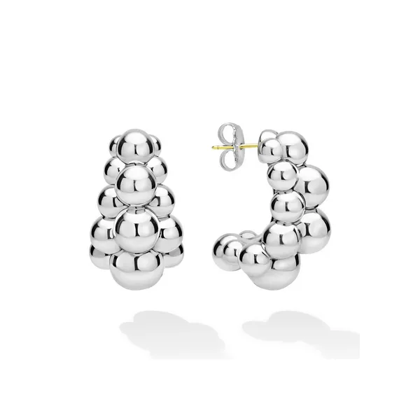 Silver Three Row Beaded Hoop Earrings