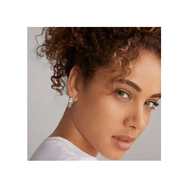 Two-Tone Caviar Beaded Diamond Hoop Earrings Image 2 Baxter's Fine Jewelry Warwick, RI