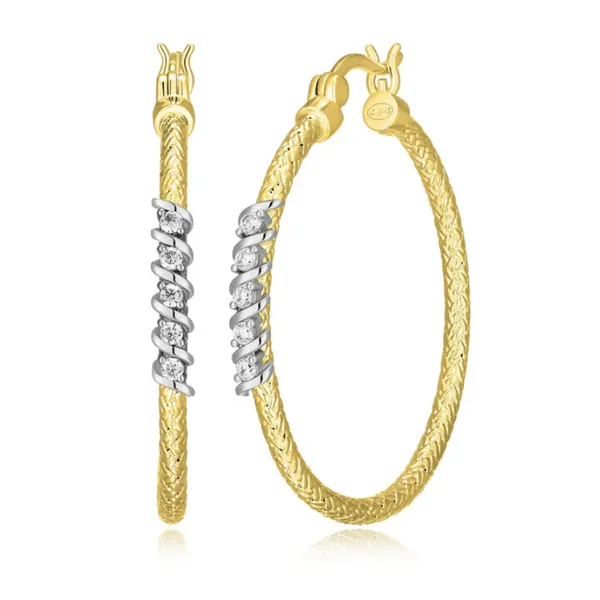 Sterling Silver Yellow Gold Plated Woven CZ Hoop Earrings Baxter's Fine Jewelry Warwick, RI