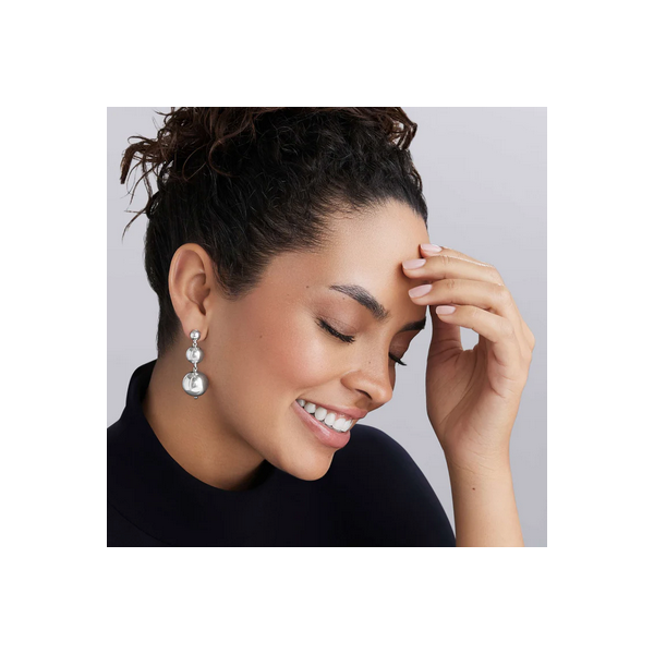 Silver Triple Beaded Drop Earrings Image 2 Baxter's Fine Jewelry Warwick, RI