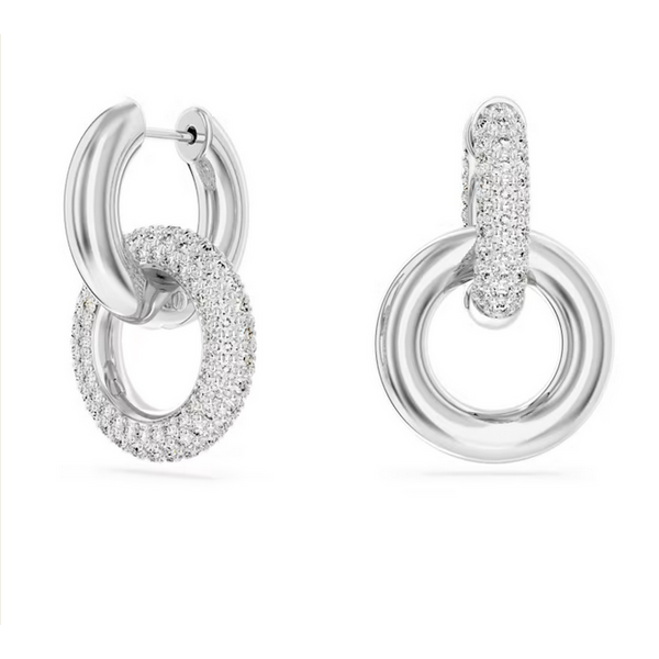 Dextera hoop earrings Asymmetrical design, Interlocking loop, White, Rhodium plated Baxter's Fine Jewelry Warwick, RI