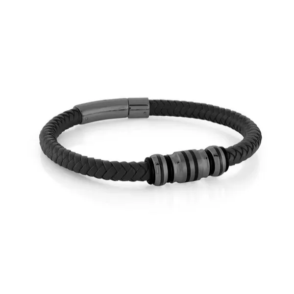Stainless Steel Black Leather Bracelet