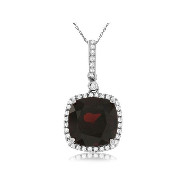 White gold pendant with a cushion-cut garnet in a diamond halo