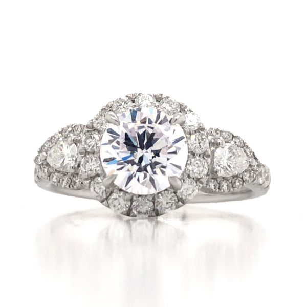 18k White Gold 3-Stone Round and Pear Halo Becky Beauchine Kulka Diamonds and Fine Jewelry Okemos, MI