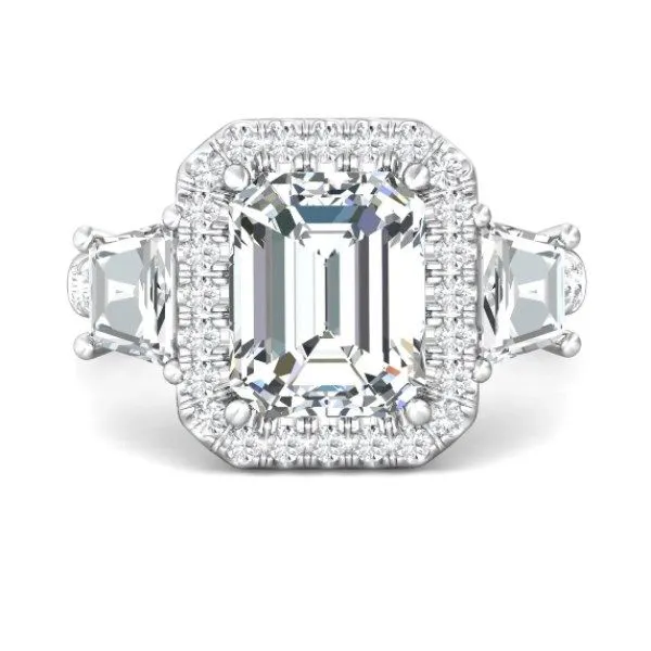 Platinum 3 Stone Halo Emerald Cut Engagement Ring By Martin Flyer Becky Beauchine Kulka Diamonds and Fine Jewelry Okemos, MI