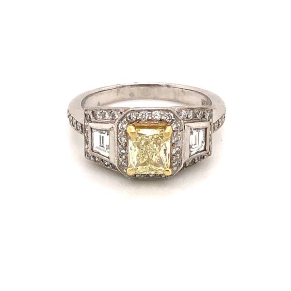 18kt White Gold 3-Stone Halo Yellow Diamond Ring Becky Beauchine Kulka Diamonds and Fine Jewelry Okemos, MI
