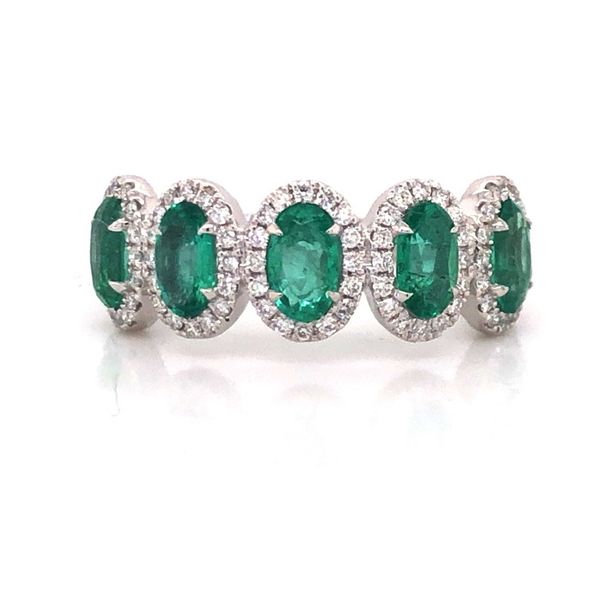 14kt White Gold 5-Stone Oval Emeralds with Diamond Halo Band Becky Beauchine Kulka Diamonds and Fine Jewelry Okemos, MI