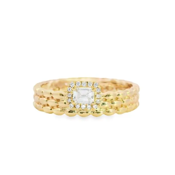 14kt Yellow Gold 3 Row Fashion Ring with Emerald Cut Diamond