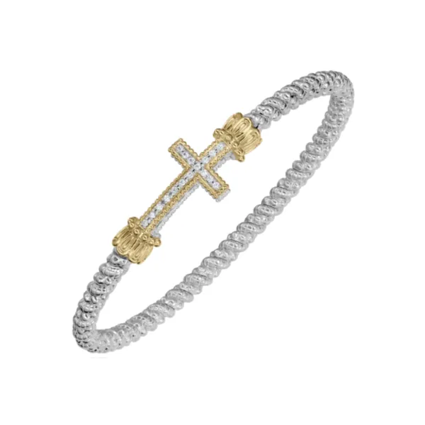 14kt Yellow Gold And Sterling Silver Diamond Cross Bangle...