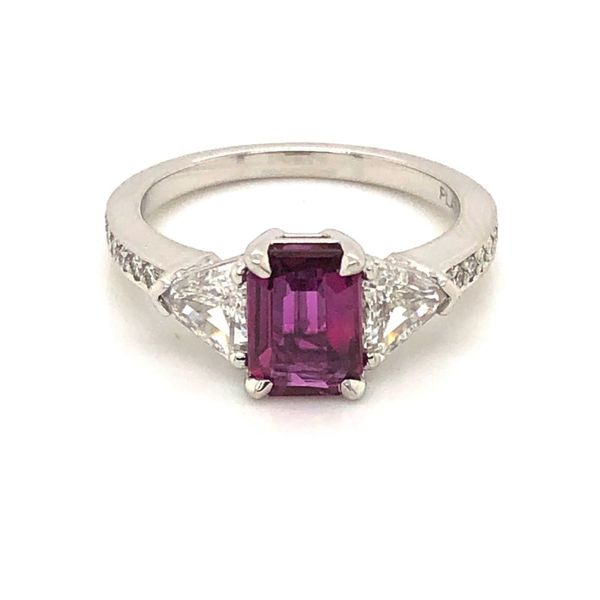 3-Stone Ring with 1.46ct Emerald Cut Ruby and 2 Trillion Diamonds Ring Becky Beauchine Kulka Diamonds and Fine Jewelry Okemos, MI