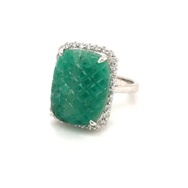 13.57ct Cushion Carved Cabochon Emerald with Diamond Halo Ring Image 2 Becky Beauchine Kulka Diamonds and Fine Jewelry Okemos, MI