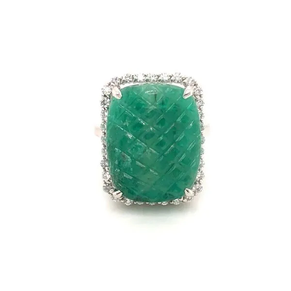 13.57ct Cushion Carved Cabochon Emerald with Diamond Halo Ring Becky Beauchine Kulka Diamonds and Fine Jewelry Okemos, MI