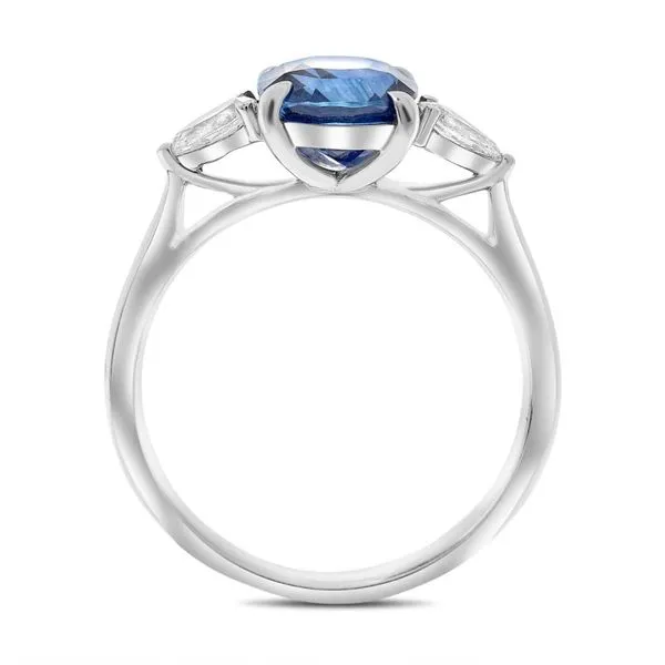 Platinum Three Stone Cushion Cut Sapphire and Pear Shaped Diamond Ring Image 2 Becky Beauchine Kulka Diamonds and Fine Jewelry Okemos, MI