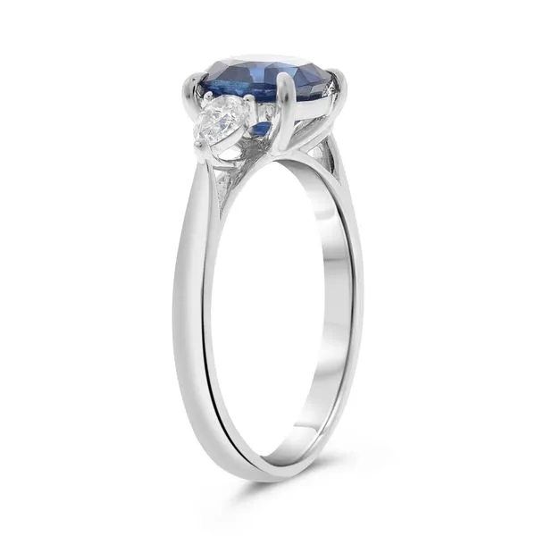 Platinum Three Stone Cushion Cut Sapphire and Pear Shaped Diamond Ring Image 3 Becky Beauchine Kulka Diamonds and Fine Jewelry Okemos, MI