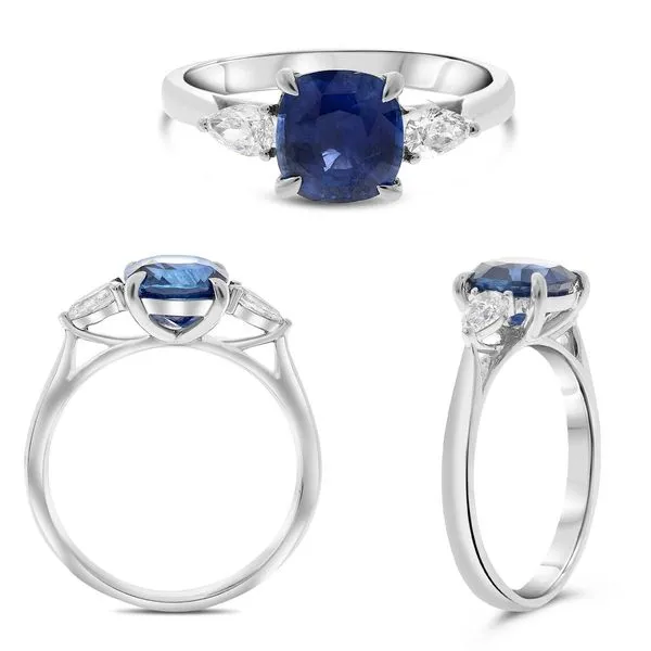 Platinum Three Stone Cushion Cut Sapphire and Pear Shaped Diamond Ring Image 4 Becky Beauchine Kulka Diamonds and Fine Jewelry Okemos, MI