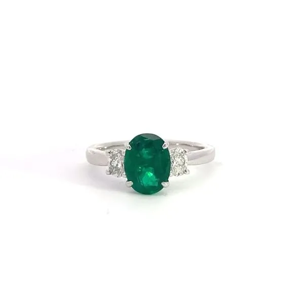 Platinum Oval Cut Emerald And Diamond Three Stone Ring similar item image