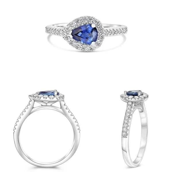 Platinum SideSet Pear Shaped Sapphire and Diamond Halo Ring Image 2 Becky Beauchine Kulka Diamonds and Fine Jewelry Okemos, MI