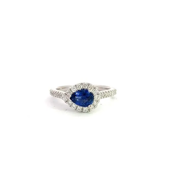 Platinum SideSet Pear Shaped Sapphire and Diamond Halo Ring Becky Beauchine Kulka Diamonds and Fine Jewelry Okemos, MI