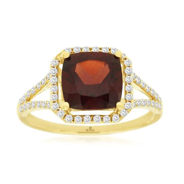 14kt Yellow Gold Garnet and Dimaond Split Shank Fashion Ring Becky Beauchine Kulka Diamonds and Fine Jewelry Okemos, MI