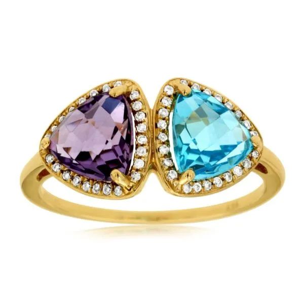 14kt Yellow Gold 2 Stone Trillion Halo Topaz and Amethyst Ring Becky Beauchine Kulka Diamonds and Fine Jewelry Okemos, MI