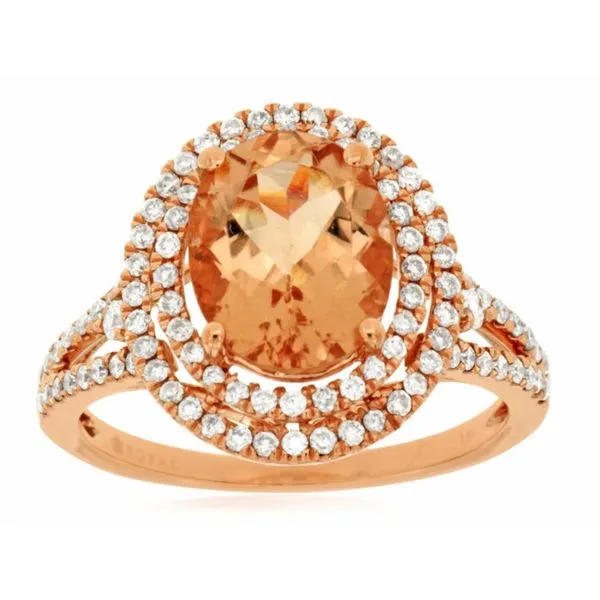 14kt Rose Gold Split Shank Double Halo Morganite and Diamond Ring Becky Beauchine Kulka Diamonds and Fine Jewelry Okemos, MI