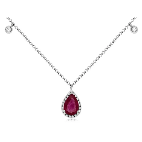 14kt White Gold Pear Cut Ruby and Diamond Halo Pendant