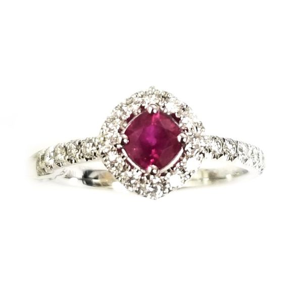 14kt White Gold Ruby and Diamond Halo Ring Becky Beauchine Kulka Diamonds and Fine Jewelry Okemos, MI