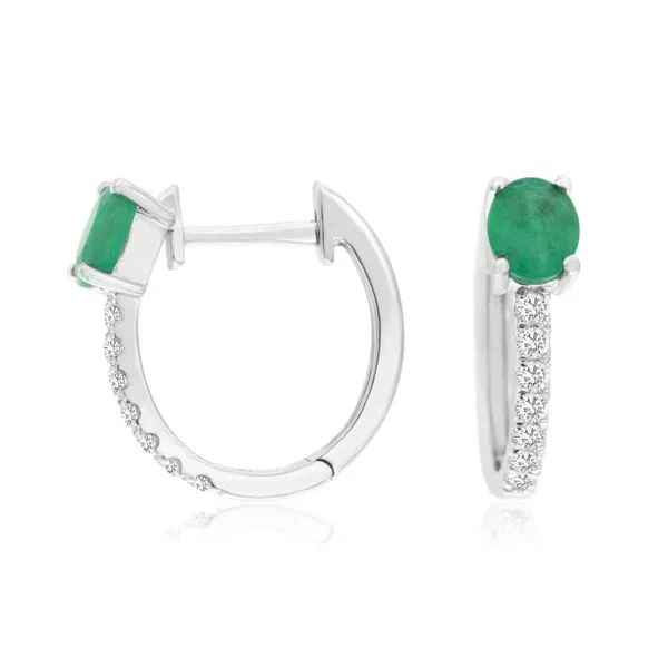 14kt White Gold Emerald and Diamond Huggie Hoop Earring Becky Beauchine Kulka Diamonds and Fine Jewelry Okemos, MI