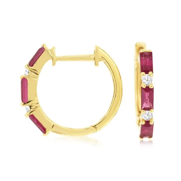 14kt Yellow Gold Ruby and Diamond Huggie Hoop Earrings