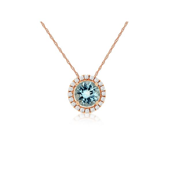 14kt Rose Gold .44ct Aquamarine with Diamond Halo Pendant Becky Beauchine Kulka Diamonds and Fine Jewelry Okemos, MI