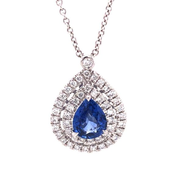 .70ct Pear Sapphire with Double Diamond Halo Pendant Becky Beauchine Kulka Diamonds and Fine Jewelry Okemos, MI